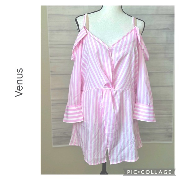 NWOT VENUS TWIST FRONT PINK STRIPED BLOUSE - Picture 1 of 5